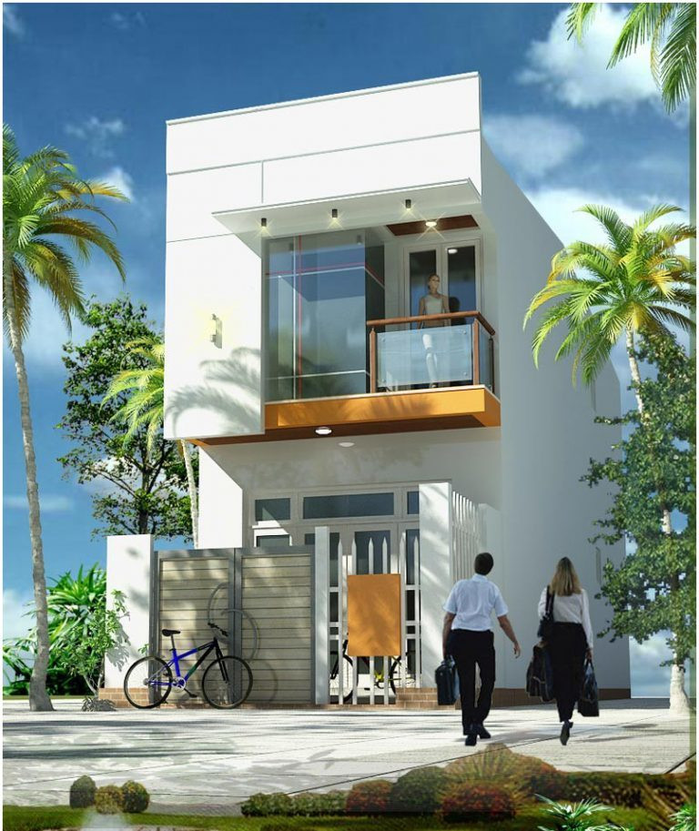 Mẫu nhà ống 2 tầng đơn giản, đẹp mắt này phù hợp cho cả thành thị lẫn nông thôn. Kết cấu mái bằng tạo sự vuông vức, màu vàng là điểm nhấn trẻ trung