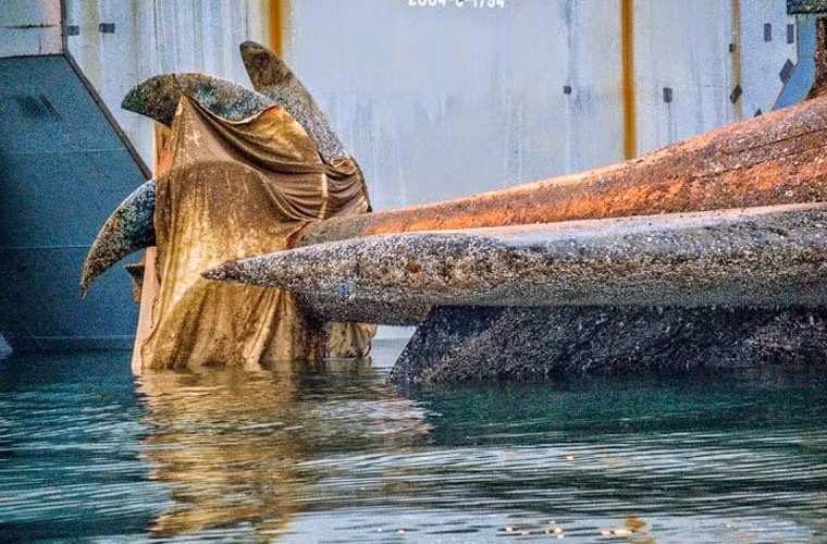 Cận cảnh chân vịt một trong 2 tàu ngầm bị “biến dạng” do các loại sinh vật biển hà, hàu bám vào.