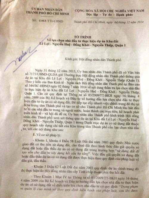 Tờ trình của UBND TP HCM đến HĐND thành phố để thông qua về dự án Khu đất Nguyễn Huệ - Đồng Khởi - Lê Lợi- Nguyễn Thiệp.