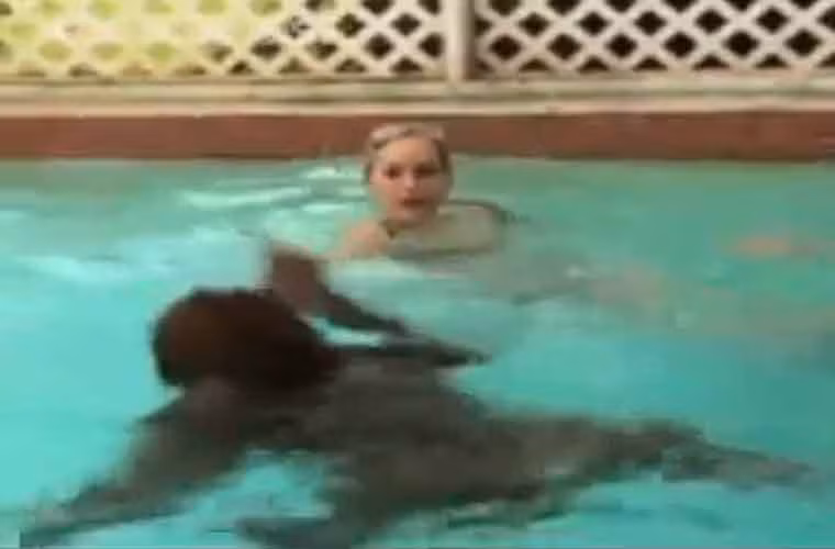 Con vượn Cooper bơi ếch theo kiểu người cùng với các huấn luyện viên.