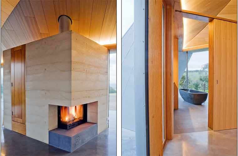 Ngôi nhà có một lò sưởi (trái) và phòng tắm tuyệt đẹp (bên phải).