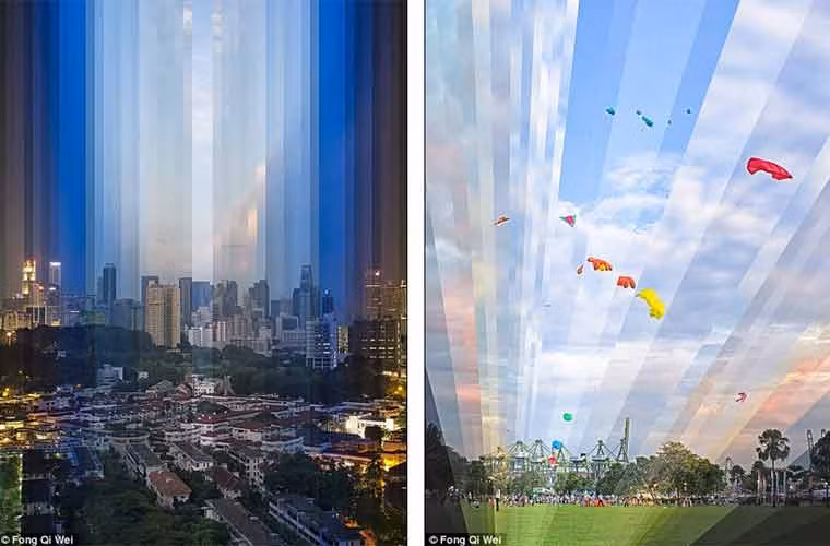 Những bức ảnh cho thấy phong cảnh thành phố Singapore thay đổi theo giờ trong ngày, ghép lại với nhau để hiển thị thời gian trôi qua.