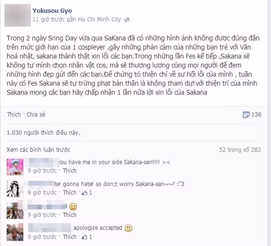Trước quá nhiều chỉ trích, Yokusou Gyo đã gửi lời xin lỗi đến các bạn trẻ người Việt. Cô thừa nhận đã thể hiện một hình ảnh "không được đúng đắn và đi quá giới hạn cho phép của một cosplayer". Yokusou Gyo cho biết cô rất hối hận và mong các bạn trẻ chấp nhận lời xin lỗi của mình.