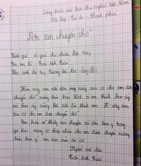 Don xin chuyen cho cua hoc sinh lop 4 gay xon xao cong dong mang