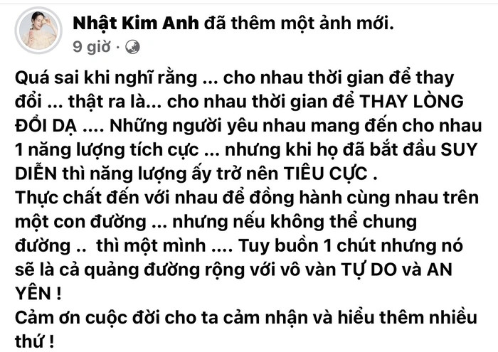 Nhat Kim Anh bong ban ve chuyen 'thay long doi da' trong tinh yeu