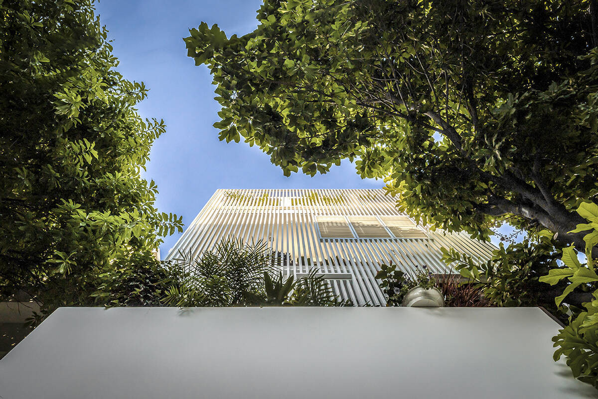 Mặt tiền nhà sử dụng hệ lam sắt sơn trắng tạo cảm giác nhẹ nhàng. Ngoài ra, những chậu cây xanh cũng được đặt phía trước mặt tiền để giảm bớt bức xạ nhiệt