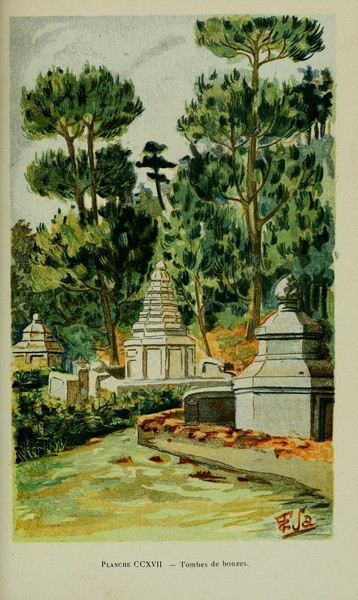 Khu tháp mộ của một ngôi chùa ở Huế. Hình ảnh trích từ ấn phẩm "Nghệ thuật Huế" (L' Art à Hué) xuất bản năm 1919 và tái bản năm 1930 ở Pháp.