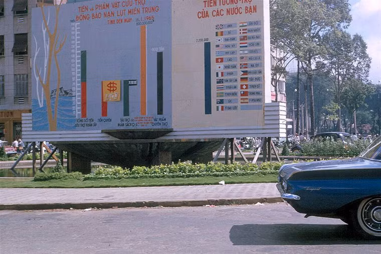 Tấm bảng lớn thống kê vật phẩm cứu trợ và tiền viện trợ quốc tế để khắc phục hậu quả nạn lụt miền Trung 1965.