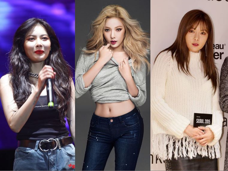 Ca sĩ HyunA khiến người hâm mộ lo lắng vì cân nặng lên xuống thất thường. Trong chuyến lưu diễn mới đây tại Việt Nam (ảnh đầu tiên từ trái sang), kiều nữ gợi cảm của Kpop xuất hiện trên sân khấu với gương mặt bầu bĩnh, căng tròn. Người hâm mộ đã so sánh hình ảnh đó với bức ảnh 3 năm trước của cô tại một sự kiện ở Hàn Quốc, cho rằng giọng ca Lip &amp; Hip khó giữ được vóc dáng thon gọn vì cô dễ tăng cân.