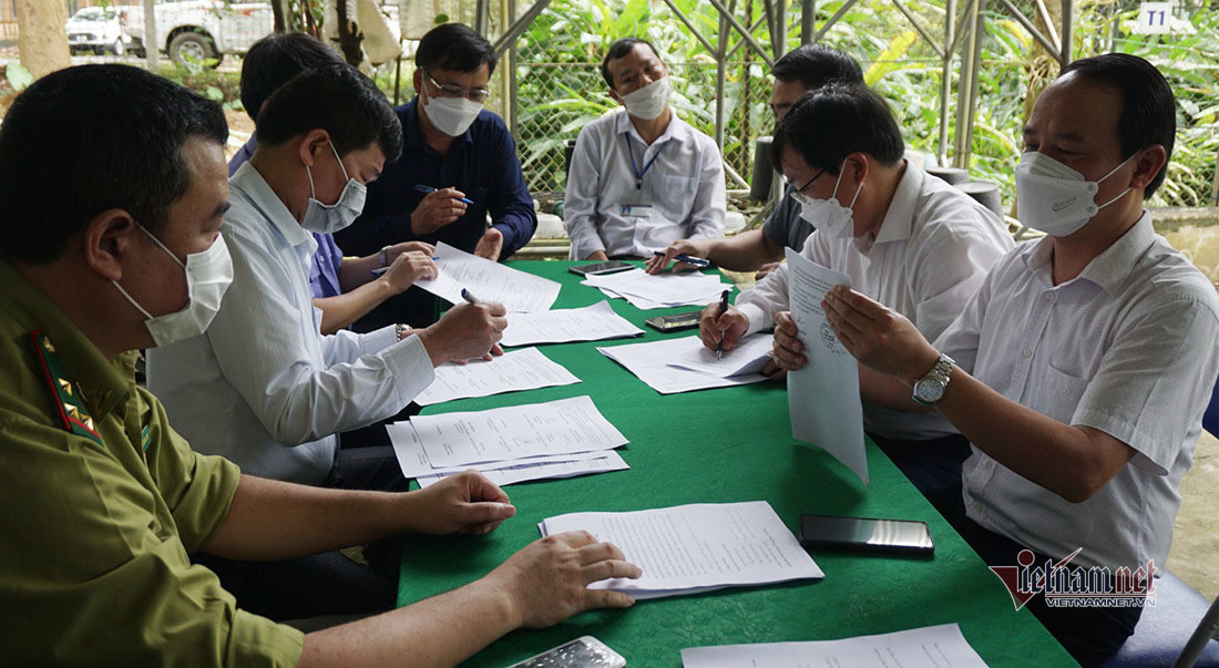 Anh Đặng Thanh Tuấn, nhân viên chăm sóc của Trung tâm cứu hộ động vật hoang dã Vườn Quốc gia Pù Mát cho biết: “Để chuẩn bị chuyển giao, chúng tôi tập cho hổ làm quen với lồng vận chuyển từ cách đây 2 tháng". Theo anh Tuấn, lồng được tính toán phù hợp để đưa hổ vào dễ dàng. Hàng ngày, các nhân viên cho thức ăn vào góc lồng, tập cho hổ có thói quen đi vào. Lồng cũng được dùng để kiểm tra sức khỏe, cân nặng định kỳ cho hổ. Ảnh: Các bên cùng ngồi ký kết bàn giao 7 cá thể hổ ở Vườn Quốc gia Pù Mát sáng nay