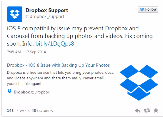 Thông báo của Dropbox (dịch vụ sao lưu, lưu trữ dữ liệu trực tuyến ).