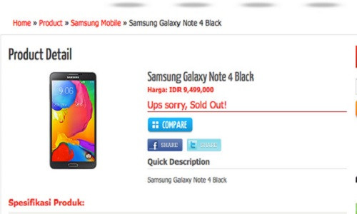 Thông tin rò rỉ của siêu phẩm Galaxy Note 4 trên trang bán hàng tại Indonesia.