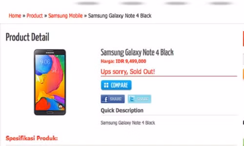 Thông tin rò rỉ của siêu phẩm Galaxy Note 4 trên trang bán hàng tại Indonesia.