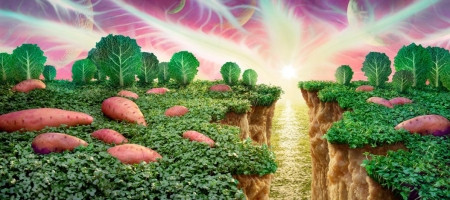 Cảnh quang khe núi được làm từ phô mai, khoai lang, cải... dưới bầu trời bắp cải tím.