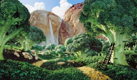 Một cảnh quan núi đá uy nghi sừng sững với bánh mì và bông cải.