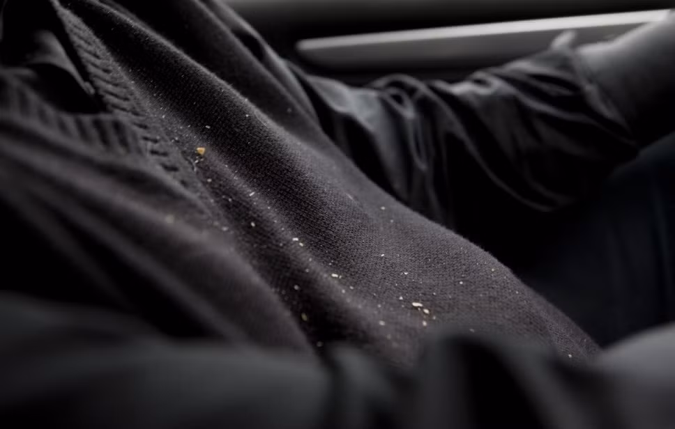 Vụn bánh mỳ rơi và bám xuống áo sau khi ông ăn vội bữa trưa mua trong tạp hóa.