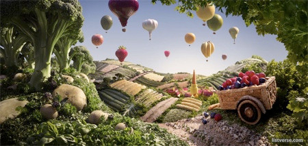 Cây được làm từ bông cải. Những cánh đồng hoa màu tươi đẹp được tạo nên từ bắp, măng tây và bí ngô, đá được làm từ khoai tây. Khinh khí cầu là những loại trái cây khác nhau.