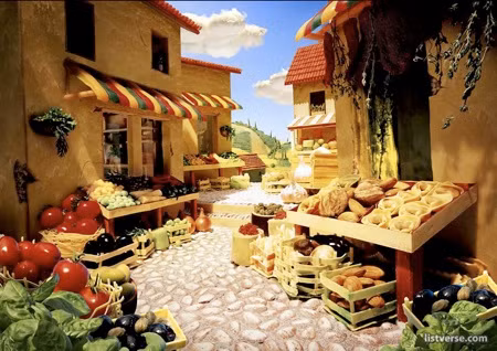 Chợ rau được làm từ bánh mỳ, các loại rau củ quả khác nhau.