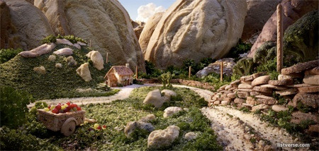 Bánh mì làm thành vách núi, cây cỏ là ngò và rau parsley.