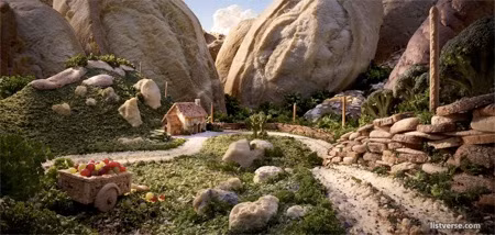 Bánh mì làm thành vách núi, cây cỏ là ngò và rau parsley.