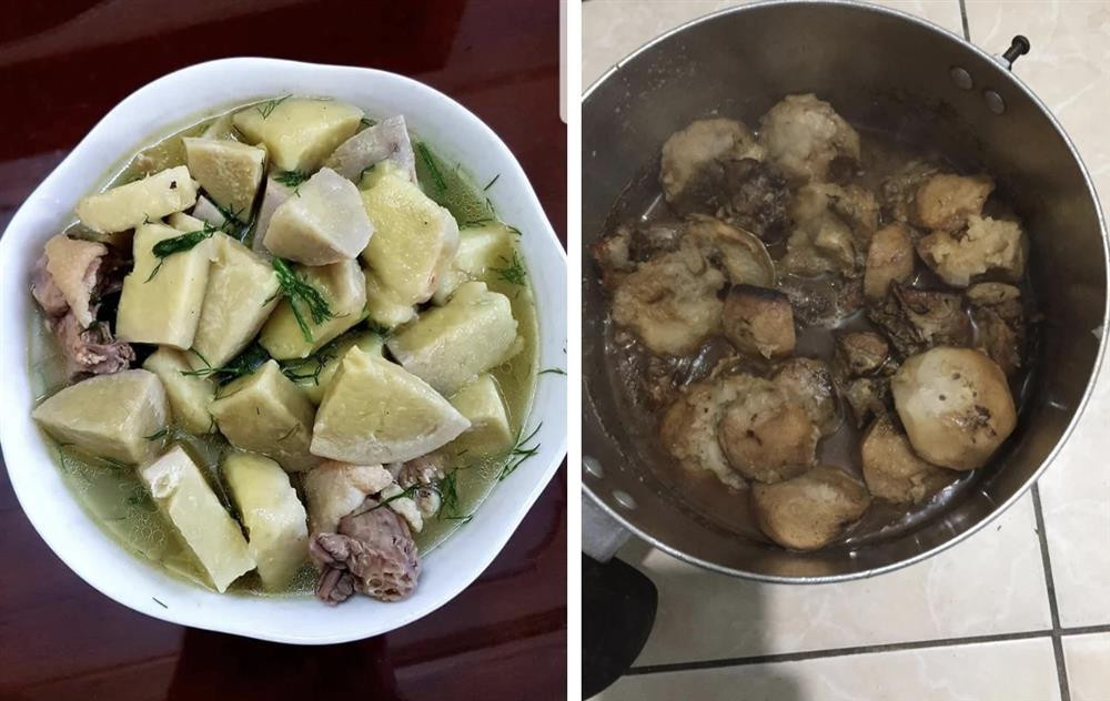 br/> Đối với nhiều người, khi nhìn mâm cơm trước tiên các món ăn phải thấy ngon mắt thì mới có "động lực" cầm đũa. Cũng chính vì thế mà chỉ cần một cú lỡ tay, một bát canh bé nhỏ nhưng nhìn khó đỡ cũng đủ khiến bữa ăn hôm ấy trở thành thảm họa rồi. Cùng nhìn những món canh có một không hai trong "vũ trụ" Ghép bếp. Thành quả của sự "vô tình" ấy khiến người được ăn… quá ám ảnh. Ảnh: Người ta nấu canh khoai sọ, mình cũng nấu mà sao nhìn nó cứ na ná món thịt kho tàu.