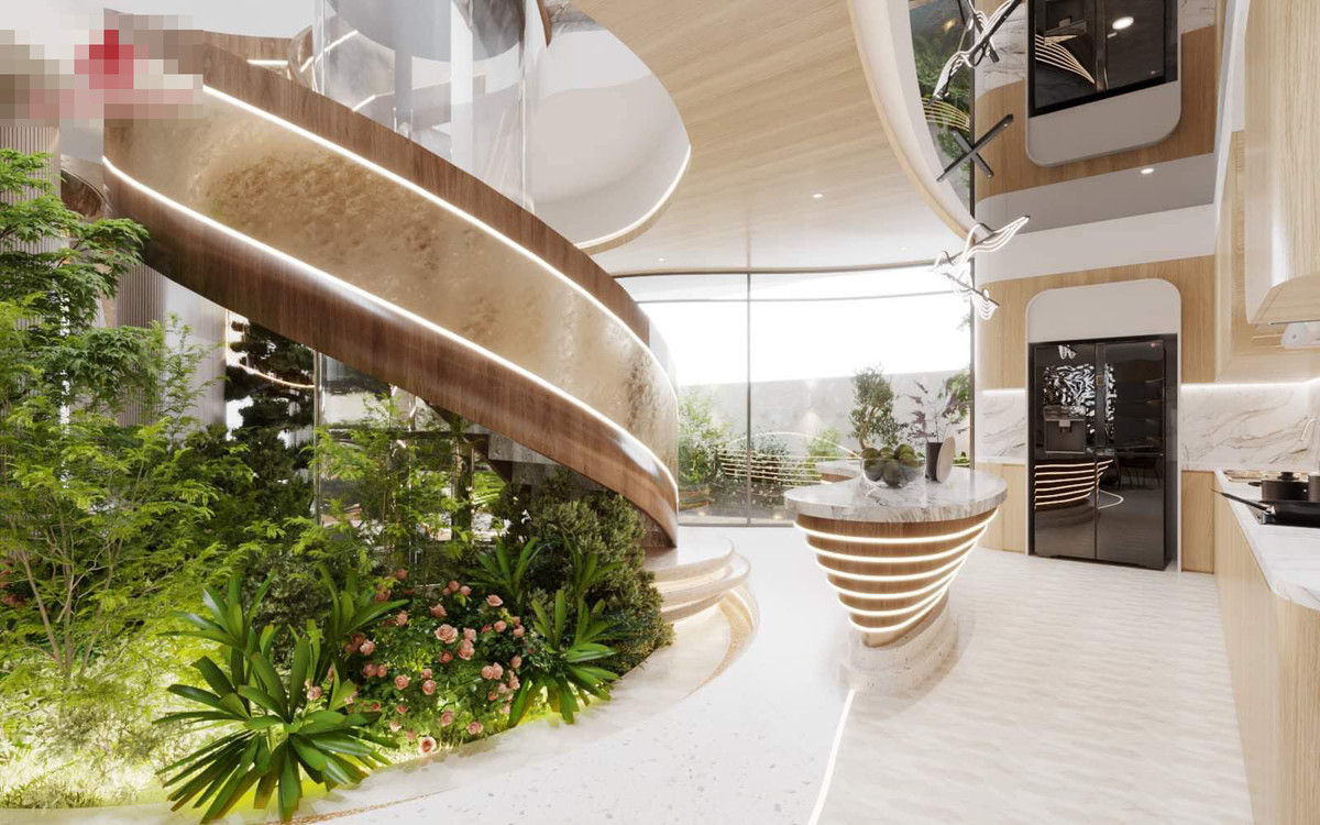 Các không gian trong công trình hướng tới lối sống xanh, gần gũi với thiên nhiên, tiết kiệm điện năng vào ban ngày nhờ khung cửa sổ, giếng trời lấy sáng.