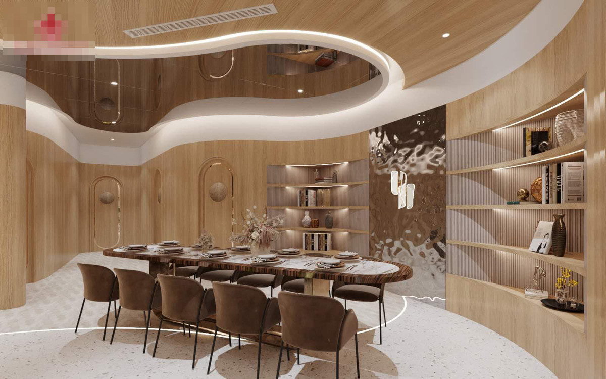 Không gian tiếp khách, bếp+ăn với diện tích rộng, có thể kết nối với sân vườn qua cửa kính lớn. Hình khối lượn sóng, mềm mại như suối nước tạo cảm giác dễ chịu, chan hòa.