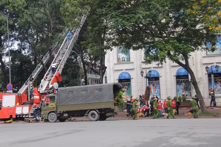 Chó nghiệp vụ lần đầu tiên cũng được đưa đến hiện trường vụ cháy để tìm kiếm người gặp nạn.