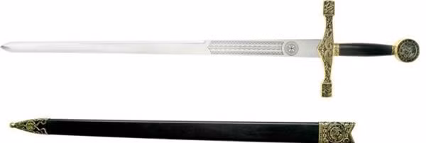 "Thánh Kiếm" Excalibur: Các bạn chắc đã không còn xa lạ gì với thanh kiếm huyền thoại này nữa, nó luôn gắn liền với Vua Arthur và là một trong những biểu tượng lâu đời của Vương quốc Anh. Theo một số tài liệu cũ, Excalibur từng được gọi là Caliburnus. Thanh kiếm này đã cùng với Vua Arthur tạo nên một giai thoại về những hiệp sĩ bàn tròn và là cảm hứng cho nhiều tác phẩm nghệ thuật. Theo truyền thuyết, một mặt của lưỡi kiếm Excalibur có khắc chữ Take Me Up (vung tôi lên) và mặt còn lại là Cast Me Away (ném tôi đi) như tiên đoán trước việc Excalibur sẽ trở về với nước. 