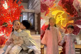 Hai con Đàm Thu Trang diện áo dài, chụp ảnh đón Tết trước biệt thự gia đình