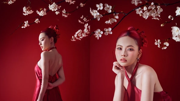 Ngô Lan Hương rực rỡ ngày đầu năm trong bộ cánh đỏ quyến rũ