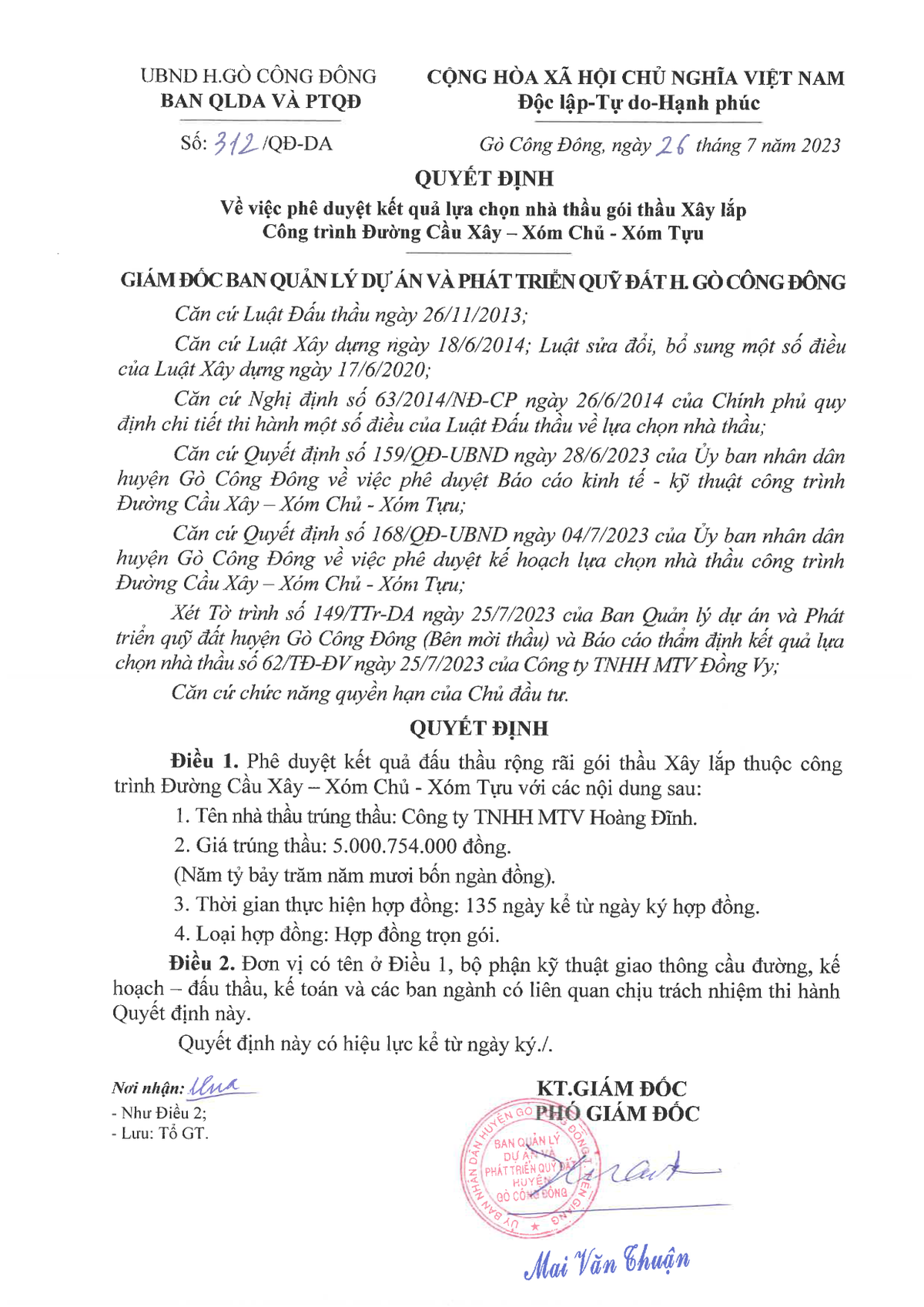 Công ty Hoàng Đĩnh là nhà thầu duy nhất dự thầu và trúng gói thầu xây lắp thuộc dự án Đường Cầu Xây – Xóm Chủ – Xóm Tựu, với giá 5,000 tỷ đồng. Nguồn: MSC kq.png