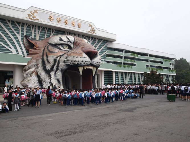 Sở thú của Triều Tiên khá rộng, khoảng 200 ha, luôn khá đông đúc, đặc biệt là vào cuối tuần. Ảnh hàng dài người xếp hàng để được vào tham quan sở thú.