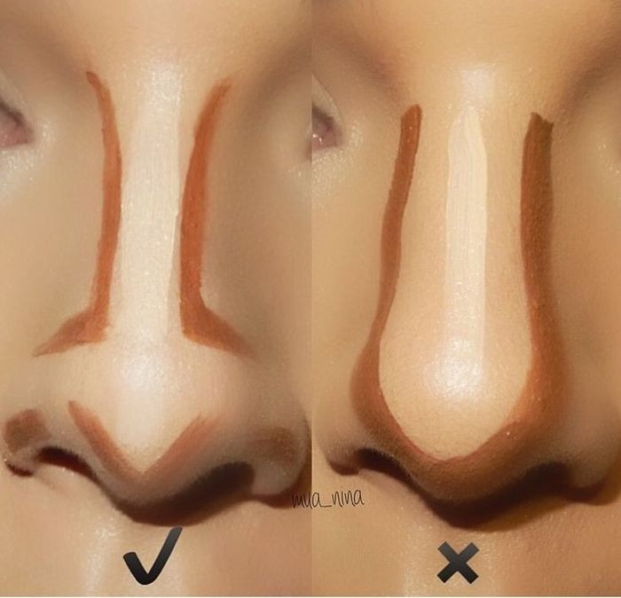 ùng phấn hoặc kem highlight kẻ một đường dọc sống mũi kéo dài cho đến đỉnh mũi. Dùng cọ hoặc bông tán nhẹ phần tạo khối theo hướng vào trong để không làm tối gương mặt. Tán phần highlight hòa với phần tạo khối để tạo nên sống mũi cao tự nhiên.
