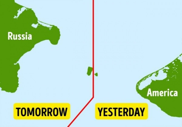 Quần đảo Diomede, nằm giữa Nga và Mỹ là một đường đổi ngày (date line). Sự chênh lệch thời gian giữa các đảo là 23 giờ. Vì thế, nếu phía Tây của đường này là ngày 18/5 thì phía Đông vẫn là 17/5. Tuy nhiên khoảng cách giữa các đảo chỉ chưa đầy 4km.
