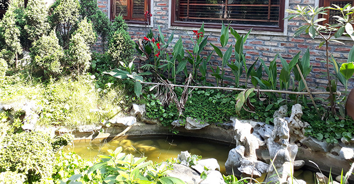 Một hồ nước nhỏ được sắp đặt trong khuôn viên ngôi nhà. Theo phong thủy, không những điều hòa không khí, mang lại sức sống cho không gian nhà ở, hồ nước còn có thể sinh tài, tụ tài, dòng nước chảy giúp kích thích tài khí. Cũng theo phong thủy, ao hồ mang nguồn năng lượng âm, chủ nhân ngôi nhà đã thể hiện sự tinh ý của mình khi bố trí thêm đá tự nhiên (mang năng lượng đương) để cân bằng âm dương trong khu vườn.