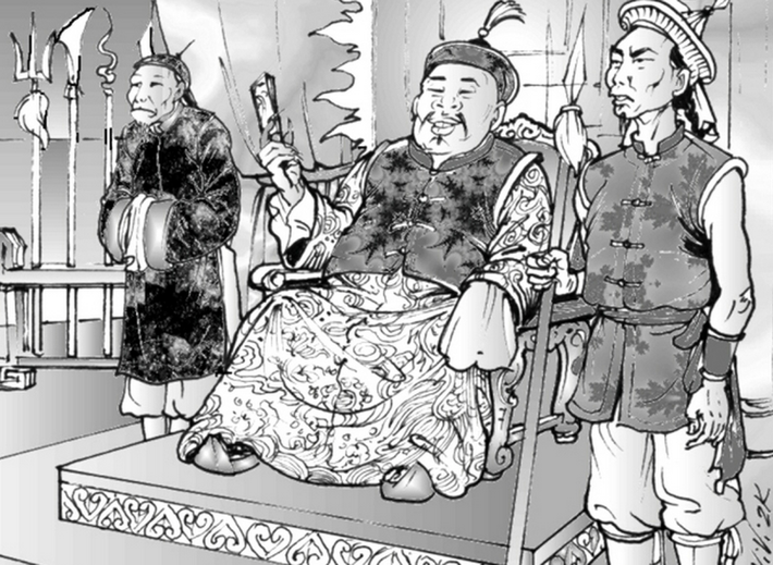 Nguyễn Công Hoan miêu tả: Ông Huyện Hinh cứ ngồi yên sau bàn giấy để nhìn theo con mẹ khốn nạn. Rồi khi thấy nó đi khuất, ông mới đưa mắt xuống chân, dịch chiếc giày ra một tí. Và vẫn tự nhiên như không, ông cúi xuống, thò tay nhặt đồng hào đôi sáng loáng, thổi những hạt cát nhỏ ở đế giày bám vào, rồi bỏ tọt vào túi.