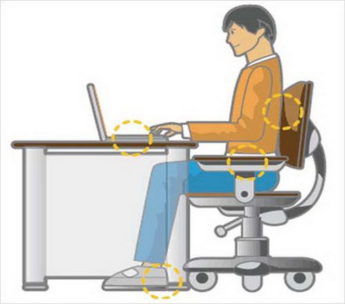 Một điều lưu ý khác là máy tính luôn được đặt ở vị trí trung tâm của mặt bàn, tương xứng với ghế ngồi. Chỉ cần lệch một vài cm thôi cũng có thể khiến cổ, lưng bạn mỏi nhừ vì phải nhìn, nghiêng về một phía liên tục trong thời gian dài.