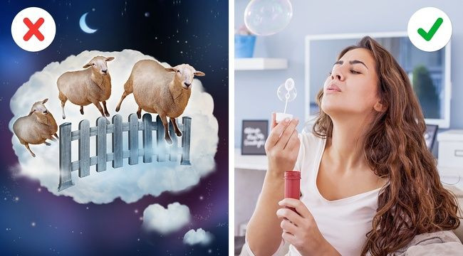 Trị chứng mất ngủ bằng việc thổi bong bóng Bạn mắc chứng cực kỳ khó ngủ và thường xuyên phải đếm cừu. Thế nhưng tình trạng này vẫn không được cải thiện. Hãy giải quyết vấn đề này bằng cách thổi bong bóng. Nhờ vào hơi thở sâu khi thổi, cơ thể bạn sẽ nhận được nhiều oxy hơn. Và trong khi thở ra bạn sẽ giảm lượng carbon dioxide trong cơ thể, các mạch máu của não sẽ thu hẹp, và bạn sẽ cảm thấy buồn ngủ.