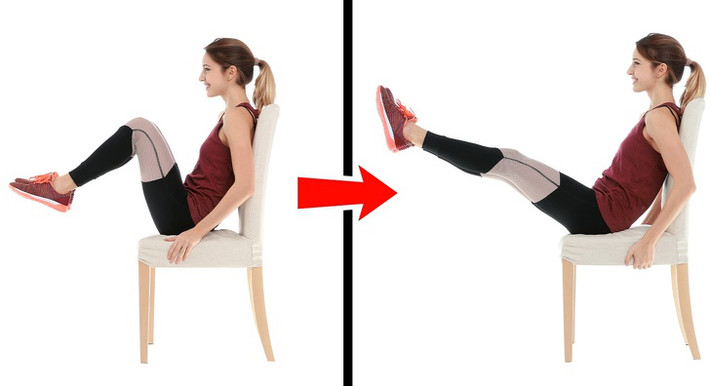 Bài tập gập bụng với ghế: Bạn có thể thực hiện bài tập này trong 15 phút nghỉ trưa ngay tại nơi làm việc. Ngồi trên ghế, nhấc chân lên và duỗi thẳng trước mặt. Sau đó, kéo đầu gối về phía ngực và duỗi thẳng chân ra lần nữa. Thực hiện 3 lượt, mỗi lượt 20 lần.