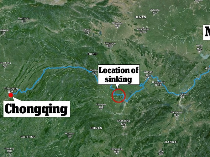 Con tàu chở khách du lịch "Ngôi sao phương Đông" đi từ Nam Kinh đến Trùng Khánh và bị lật chìm ở khúc sông Jianli trên sông Dương Tử đêm 1/6/2015. Sông Dương Tử là con sông dài thứ ba trên thế giới.