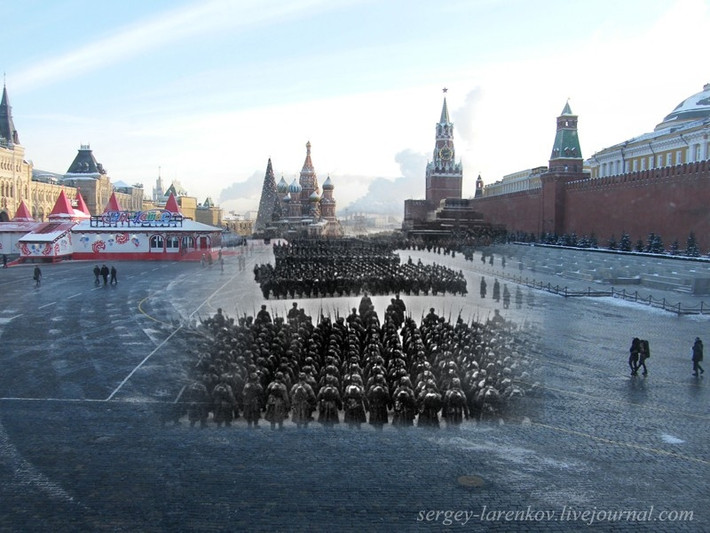 Trận Moscow là một trong những trận đánh lớn nhất trong Thế chiến thứ II, từ cuối năm 1941 đến đầu năm 1942. Sau thảm bại này, người Đức bắt đầu liên tưởng đến thất bại của Napoleon trong cuộc xâm lược nước Nga năm 1812. Trong ảnh: Duyệt binh trên Quảng trường Đỏ ngày 7/11/1941.