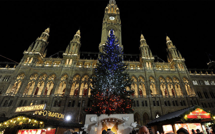 Để tưởng nhớ các nạn nhân vụ tấn công khủng bố Paris, cây thông Noel trước Tòa Thị chính Vienna được thắp sáng bằng đèn trang trí 3 màu Xanh-Vàng- Đỏ của quốc kỳ nước Pháp.