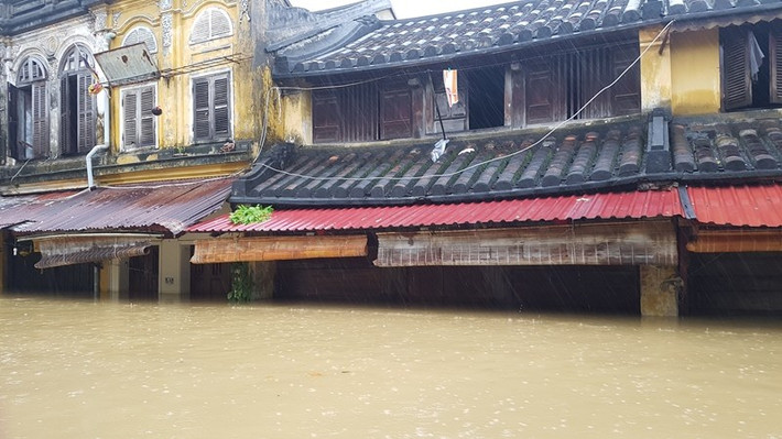 Đến tối ngày hôm qua (5/11), diễn biến mưa lũ ở miền Trung nói chung và TP Hội An (tỉnh Quảng Nam) nói riêng vẫn hết sức phức tạp. Đặc biệt, tại Hội An, nước lũ dâng nhanh khiến người dân và du khách không kịp trở tay. Đến sáng nay, một số khu vực trong phố cổ đã bị ngập tới tận nóc nhà, việc đi lại vô cùng khó khăn. Nguồn ảnh: PLO