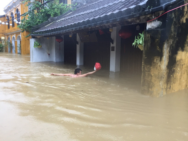 Người dân nếu không có thuyền thì chỉ còn cách bơi giữa đường phố Hội An. Nguồn ảnh: Tuổi Trẻ