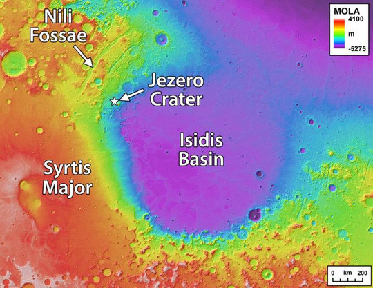 Bản đồ khu vực nơi NASA tin rằng có những hồ nước cổ đại - ảnh: NASA. Các nhà khoa học tin rằng sự sống có thể đã phát triển dưới dạng vi khuẩn tại Jezero Crater vào khoảng 3,5-3,9 tỉ năm trước, tức có thể tương đương hoặc chỉ sau một chút so với thời điểm trái đất bắt đầu có sự sống.