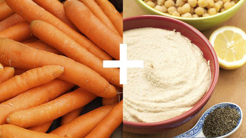 Kết hợp hai loại thực phẩm này có khả năng cung cấp protein và carbs lành mạnh giúp kiềm chế cơn đói, bổ sung năng lượng cực tốt. Nếu không có hummus, bạn có thể kết hợp sữa chua với hoa quả, táo với bơ đậu phộng, pho mát với ngũ cốc nguyên hạt cũng mang lại hiệu quả tương tự.