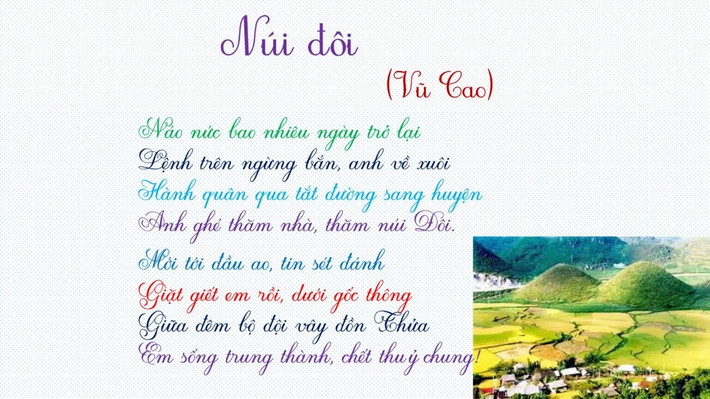 Theo lời kể của nhà thơ Vũ Cao, ông viết bài thơ Núi đôi vào một ngày cuối năm 1956. Hồi đó ông công tác ở sư đoàn 312, đóng quân ở huyện Sóc Sơn (Hà Nội), cạnh đó có ngọn núi đôi.