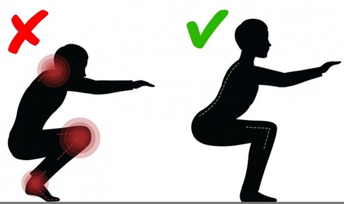 Lưu ý tập squat đúng cách - giữ lưng và cẳng chân thẳng, để làm săn chắc toàn bộ cơ thể, cải thiện sự linh hoạt của cơ thể.