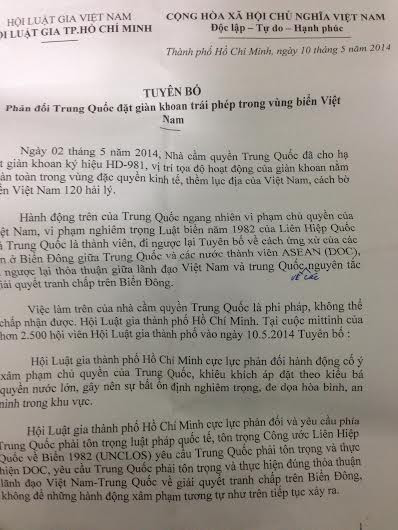 Bản Tuyên bố phản đối Trung Quốc của Hội Luật gia TP HCM.